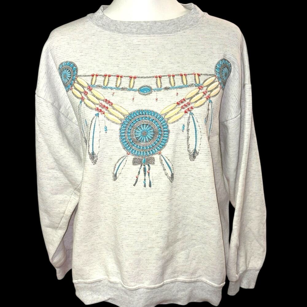Vintage Womens 90s Sweatshirt Gray Western Native American Aztec Turquoise Large